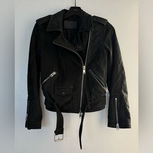 All Saints Black Leather Biker Jacket, size US 4, EU 36 pre-owned